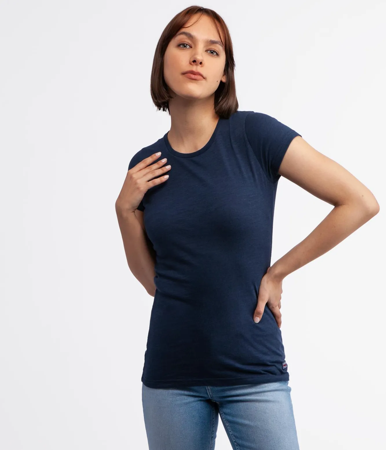Dopasowany t-shirt z bawełny slub z lnem ISLA2 8041 NAVY