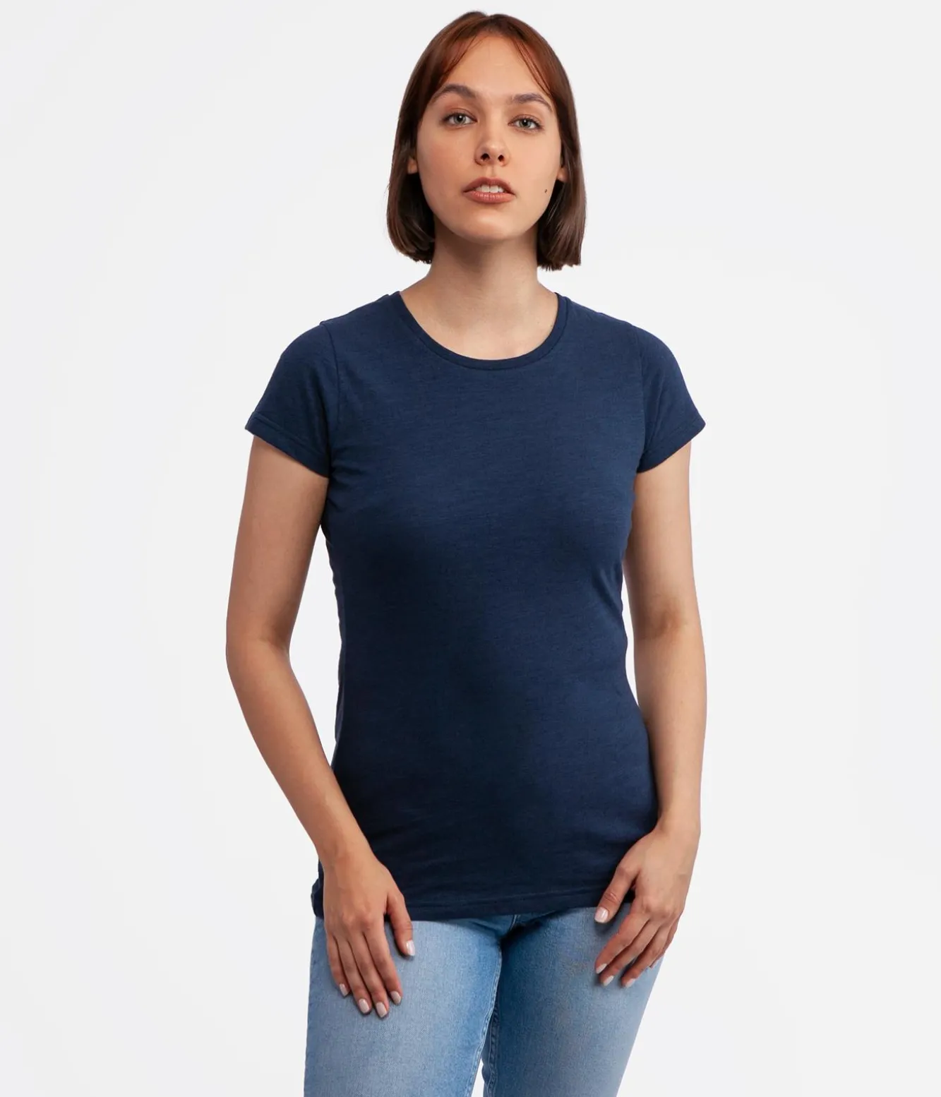 Dopasowany t-shirt z bawełny slub z lnem ISLA2 8041 NAVY