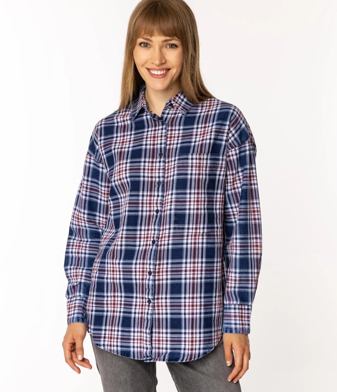 Koszula damska oversize w kratę ZOE 6198 BLUE INDIGO