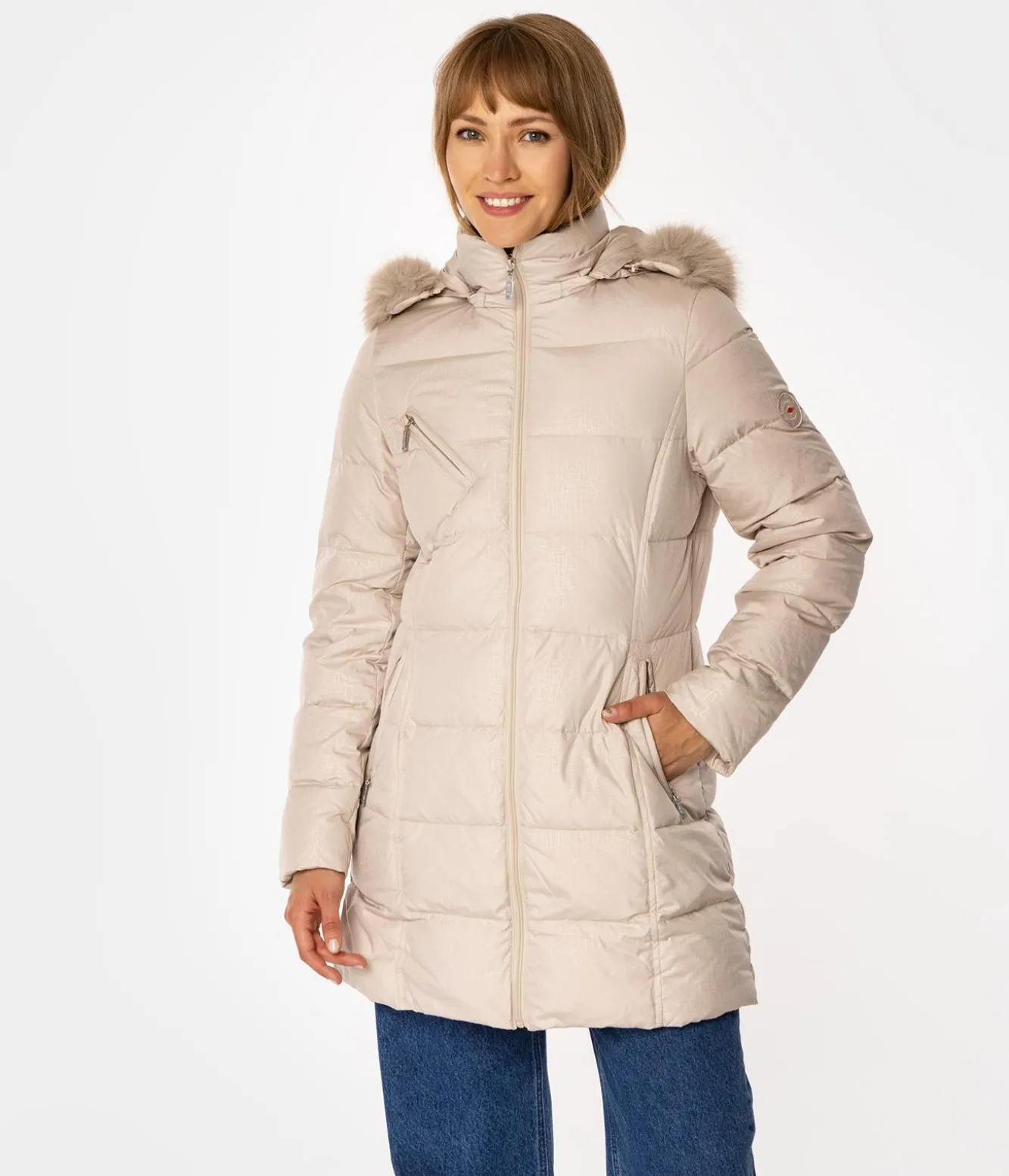 Puchowa kurtka damska z odpinanym kapturem CLIVIA2 5500 BEIGE