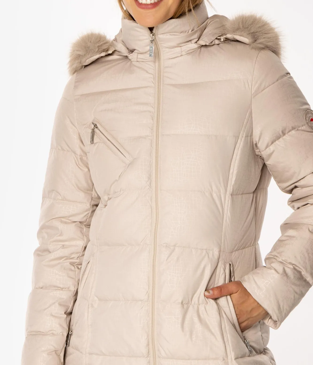 Puchowa kurtka damska z odpinanym kapturem CLIVIA2 5500 BEIGE