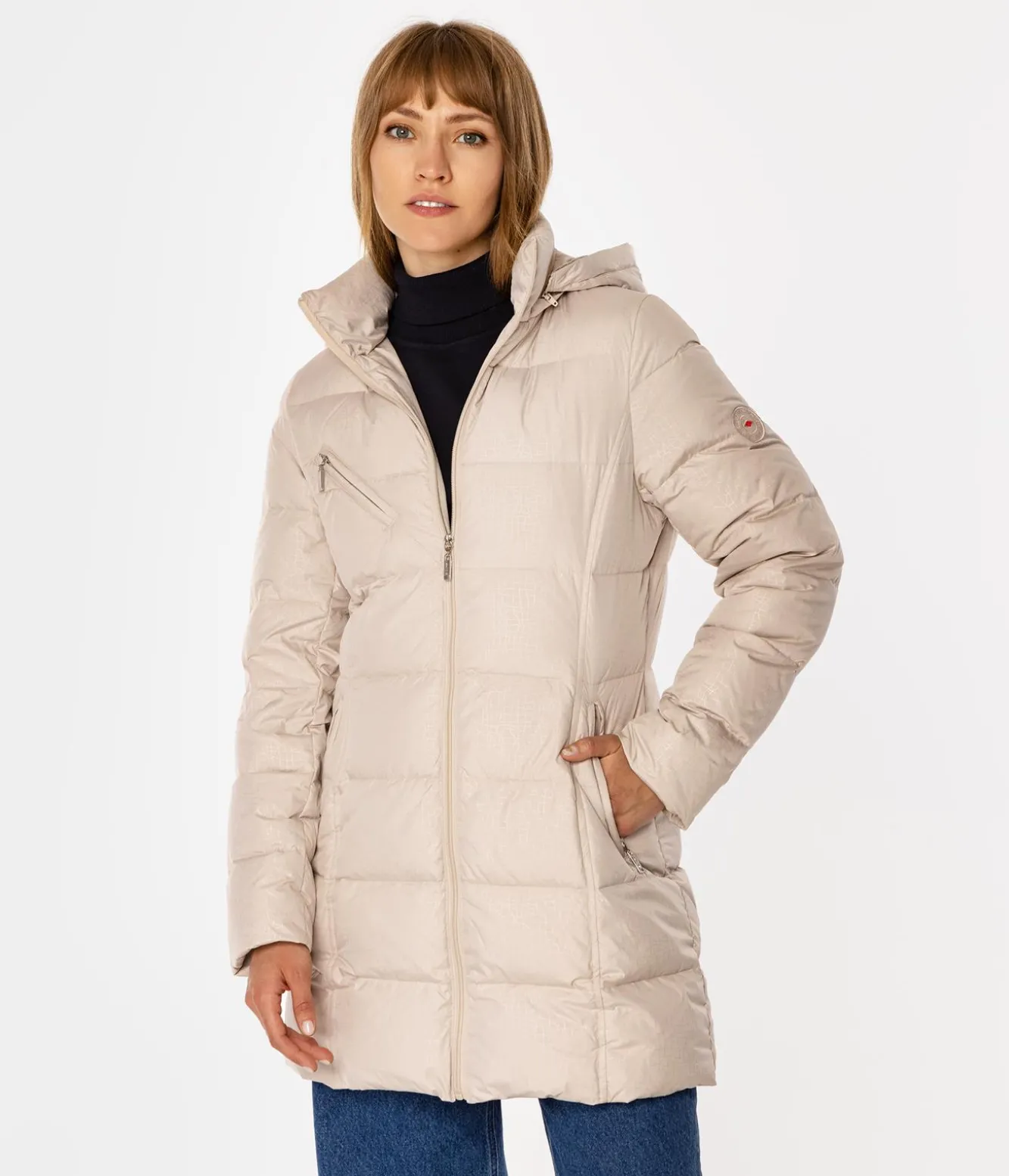 Puchowa kurtka damska z odpinanym kapturem CLIVIA2 5500 BEIGE