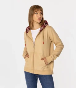Rozpinana bluza damska z kapturem w kratę SAMIRA 4561 WARM SAND