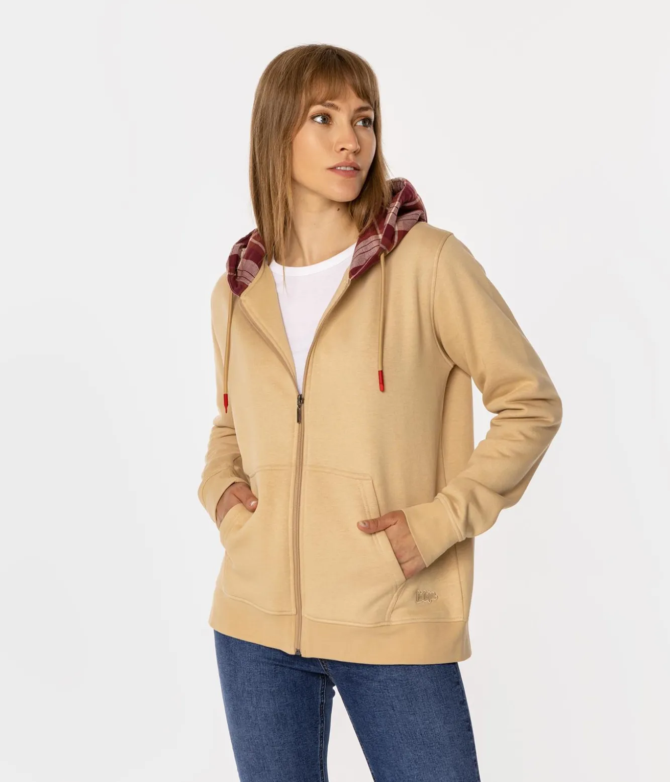 Rozpinana bluza damska z kapturem w kratę SAMIRA 4561 WARM SAND