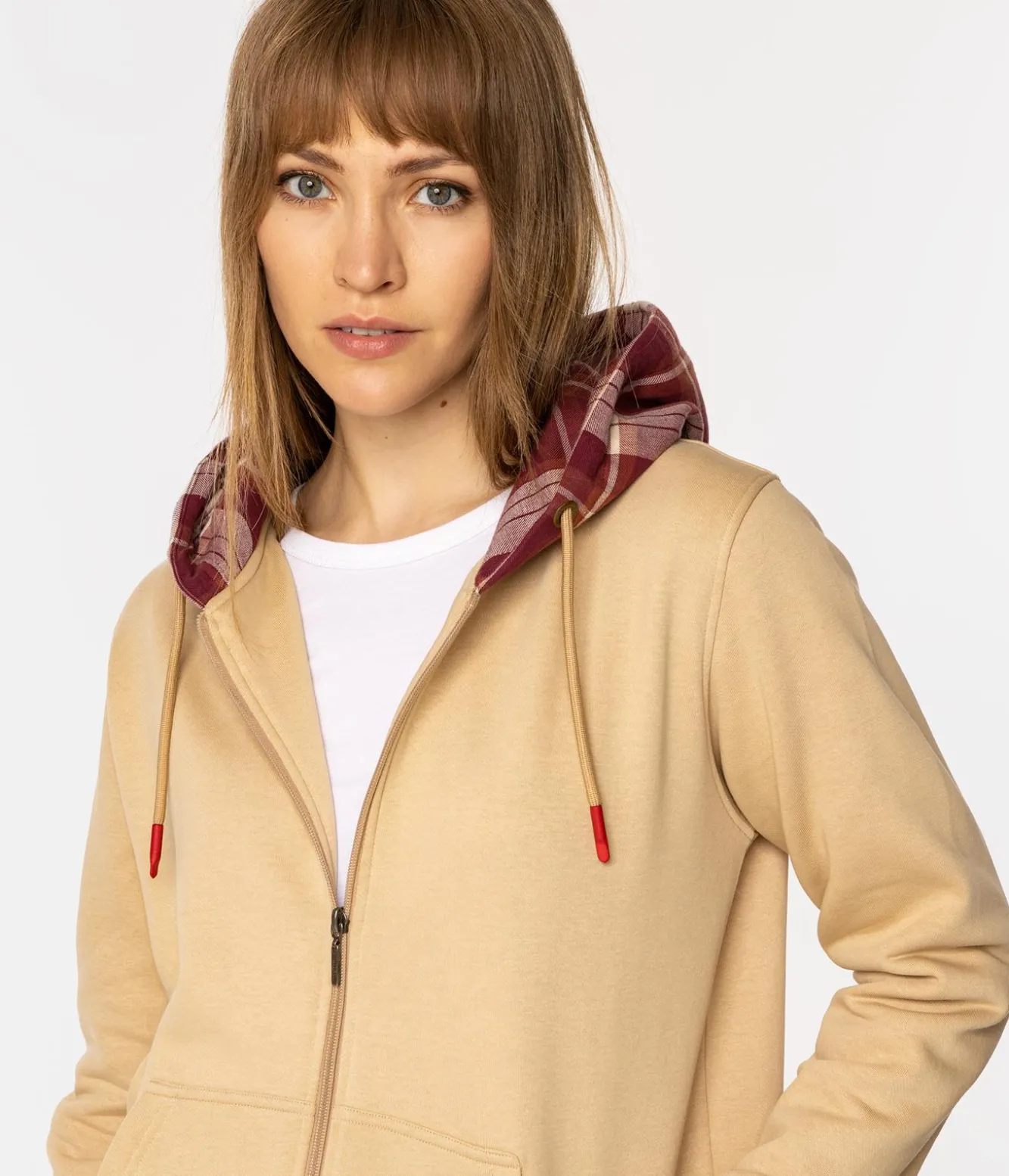 Rozpinana bluza damska z kapturem w kratę SAMIRA 4561 WARM SAND