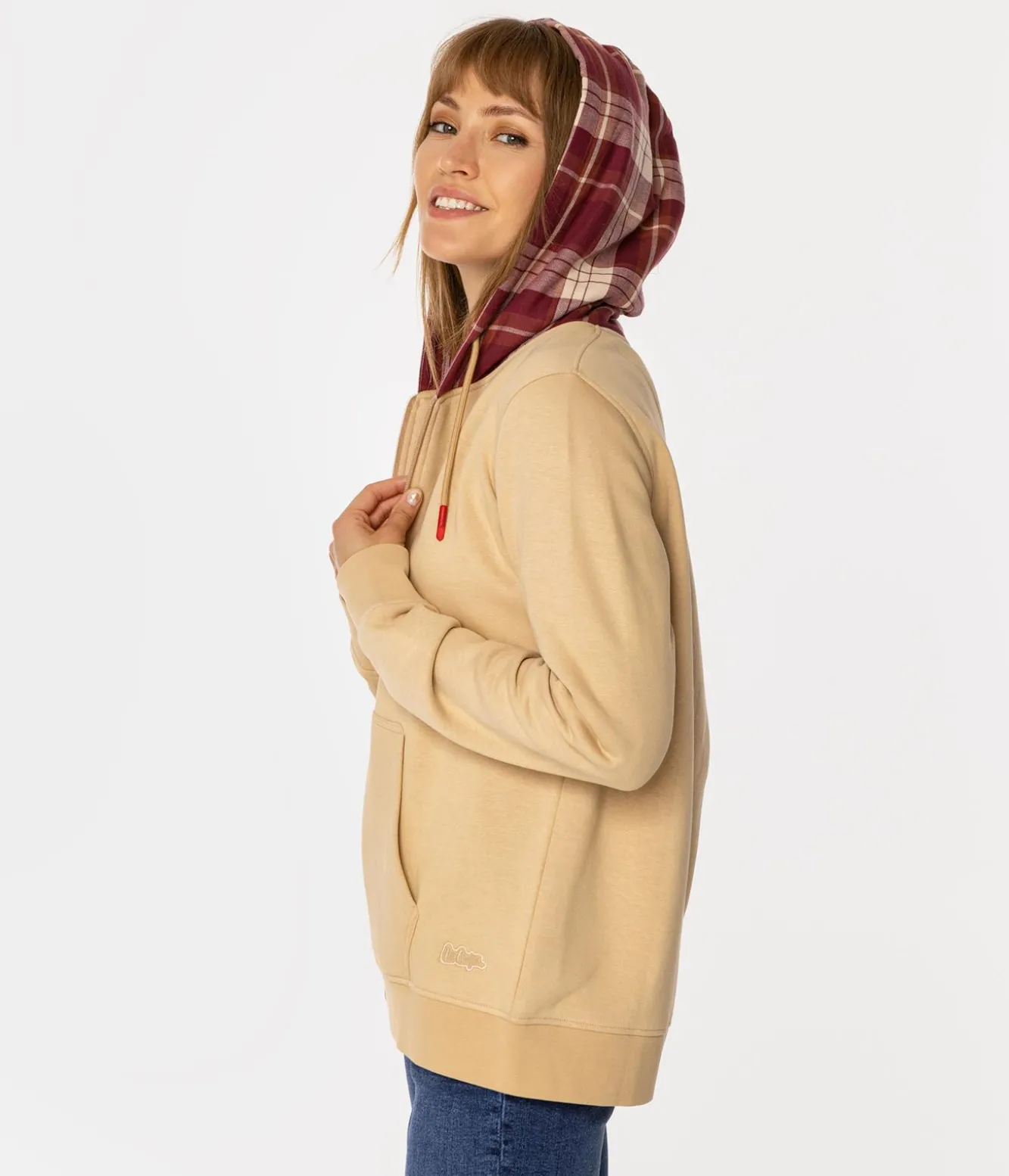 Rozpinana bluza damska z kapturem w kratę SAMIRA 4561 WARM SAND