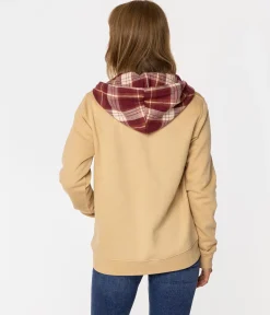 Rozpinana bluza damska z kapturem w kratę SAMIRA 4561 WARM SAND