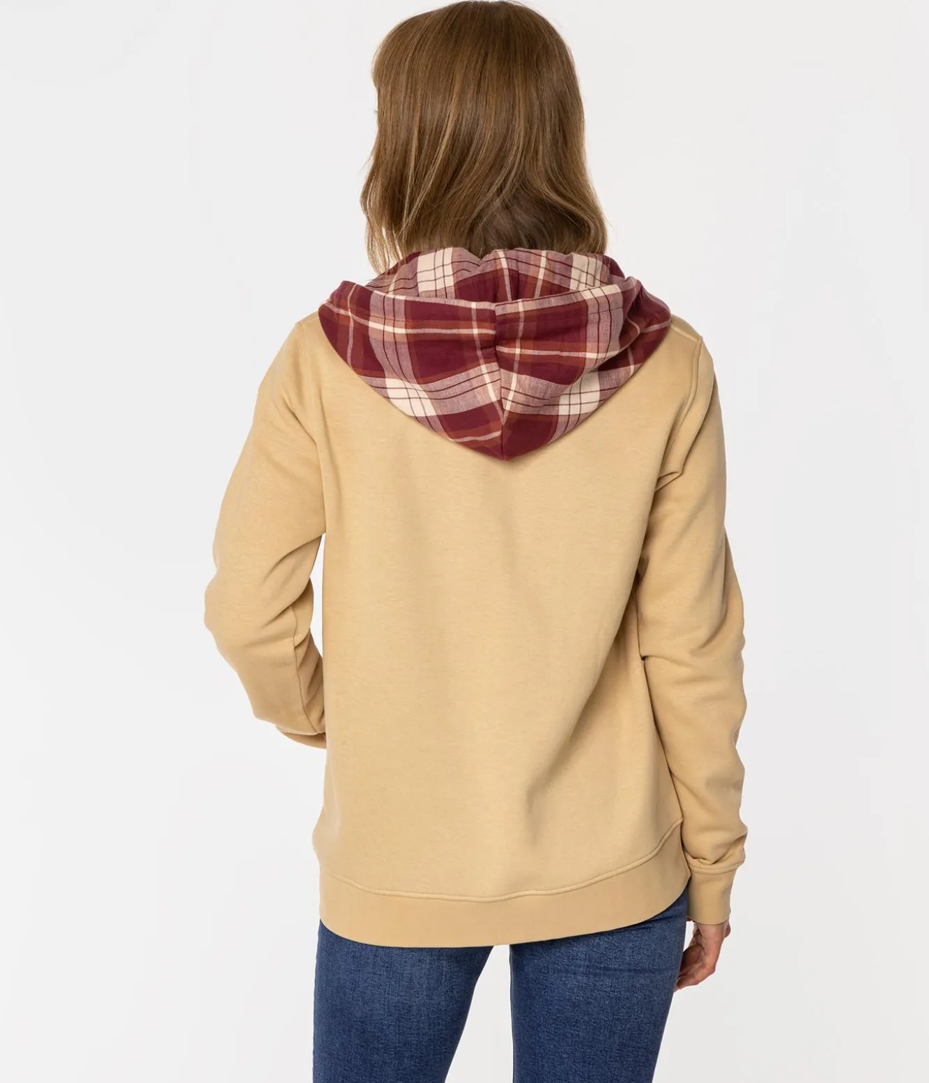 Rozpinana bluza damska z kapturem w kratę SAMIRA 4561 WARM SAND