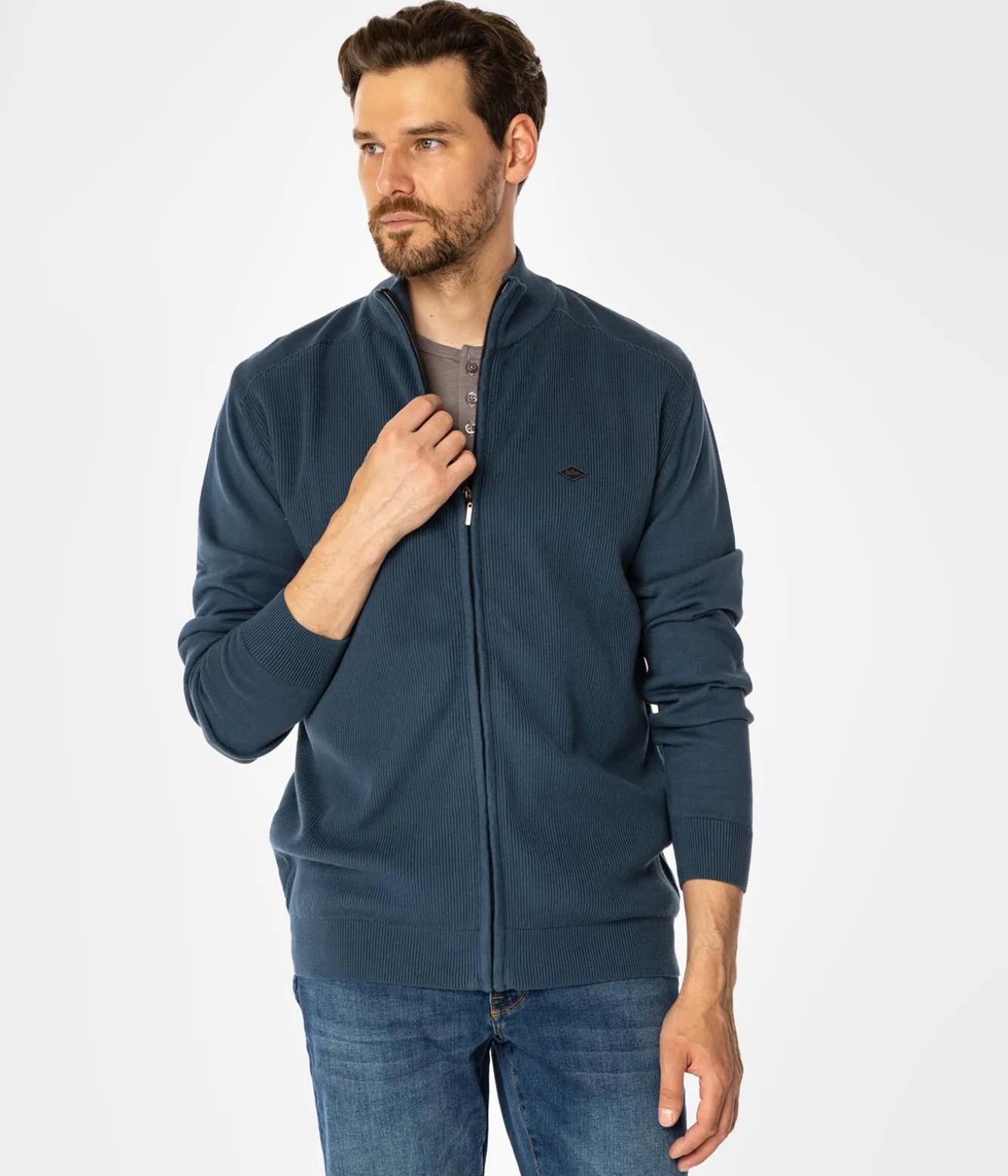 Rozpinany sweter męski ze stójką FARO 4380 INDIAN TEAL