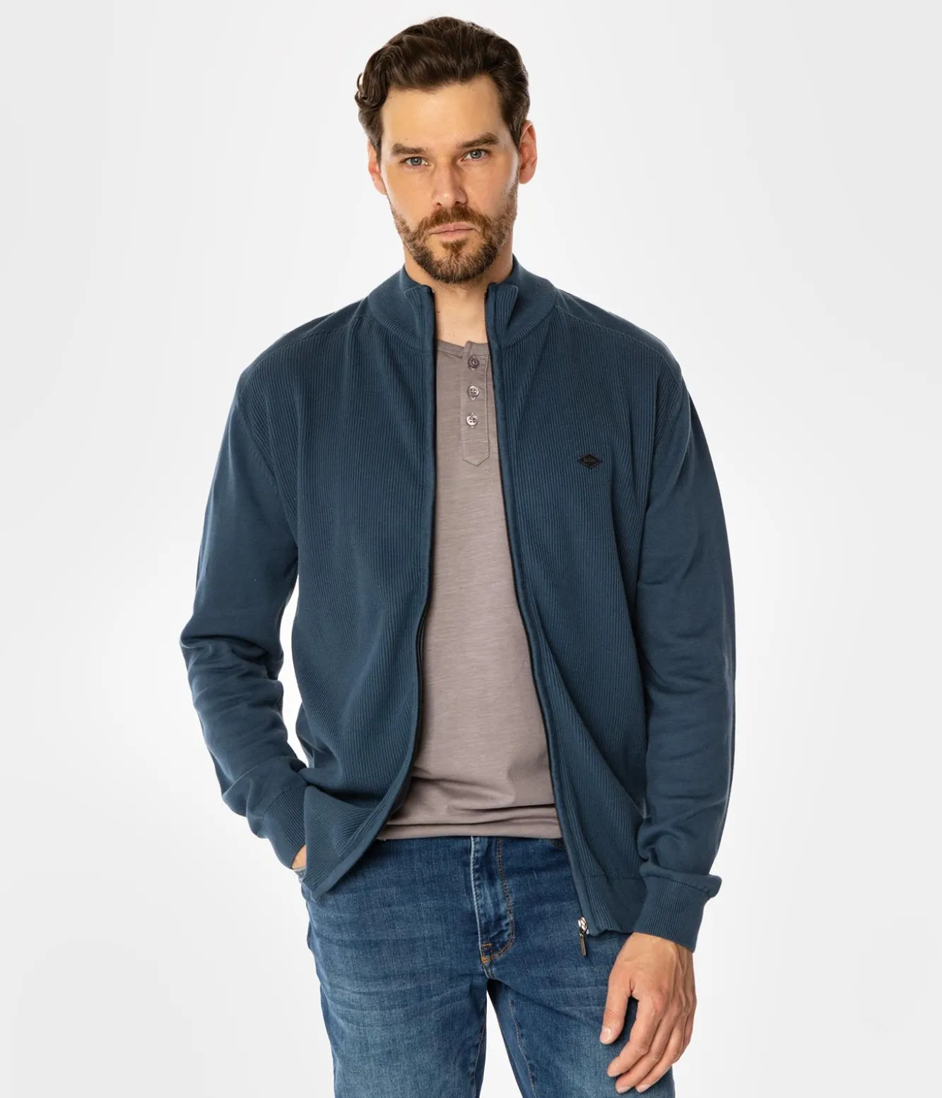 Rozpinany sweter męski ze stójką FARO 4380 INDIAN TEAL