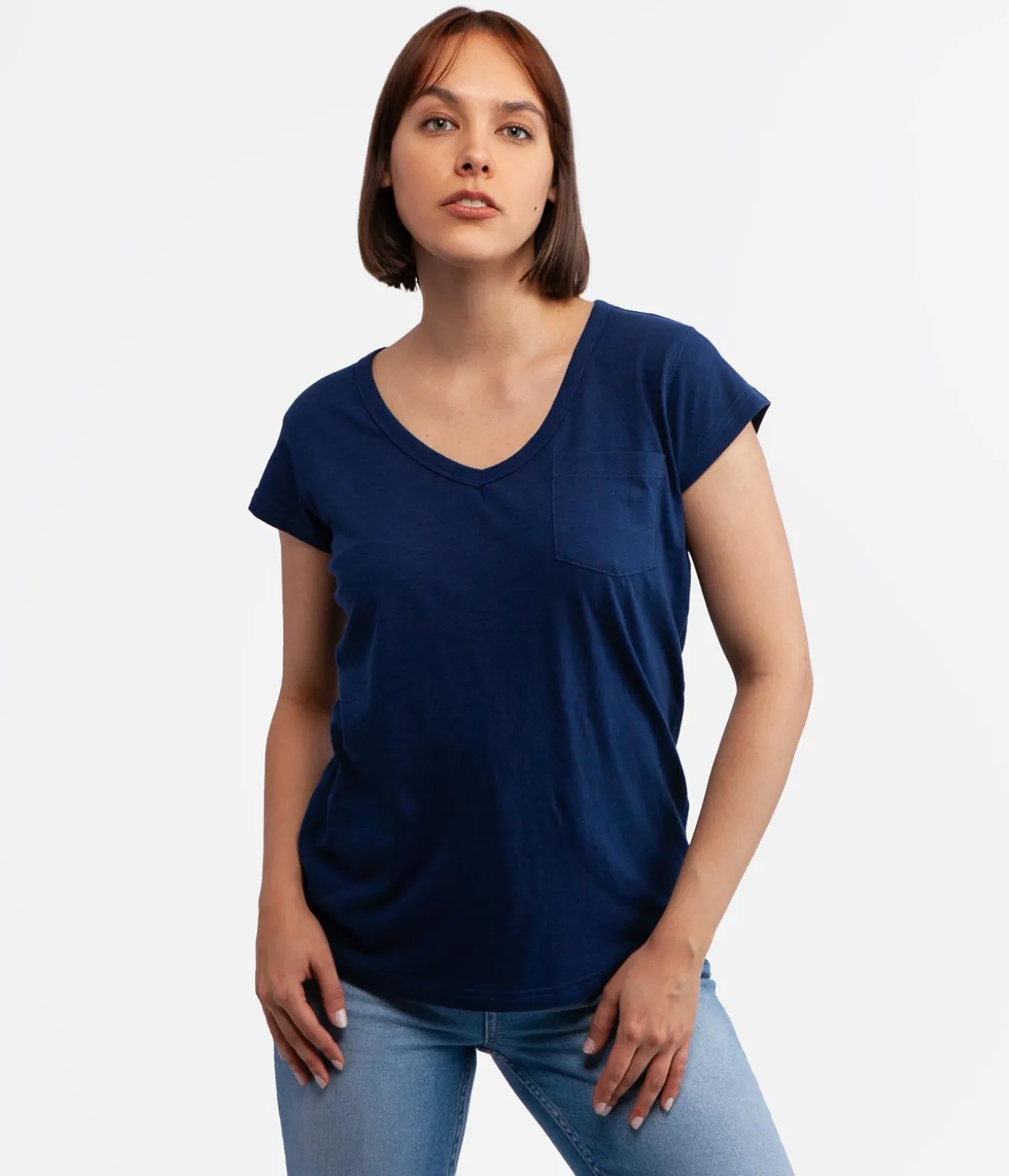 T-shirt z kieszenią i dekoltem w serek OLIVIA 4045 MEDIEVAL BLUE